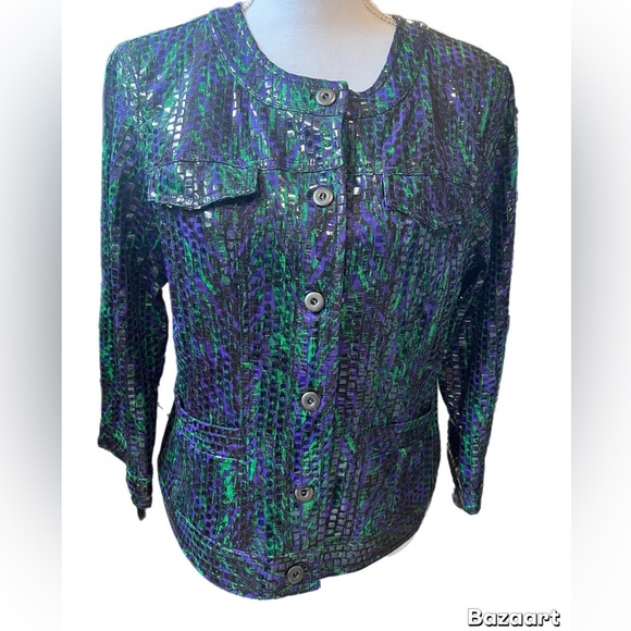 Ruby Rd. Jacket. Shiny Black/purple/Green Button Up 3/4 Sleeve Size 14 - Picture 1 of 4